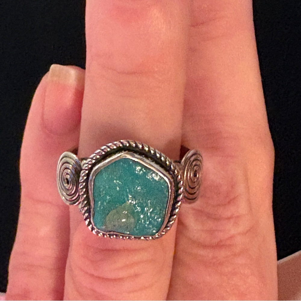 Turquoise Stone Silver Rope Ring - Women Jewelry
